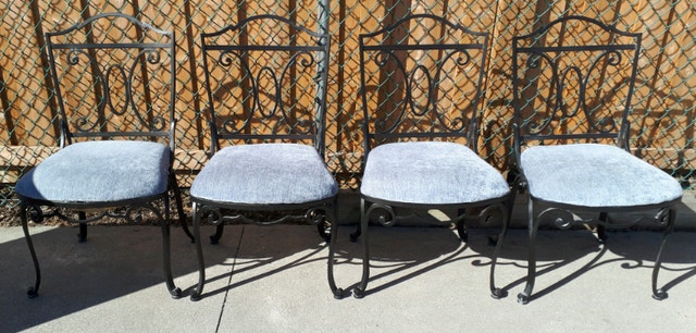Dining Set, Wrought Iron Glass Round Table & 4 Blue Chairs