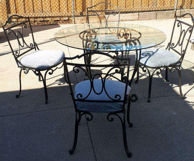 Dining Set, Wrought Iron Glass Round Table & 4 Blue Chairs - photo 2