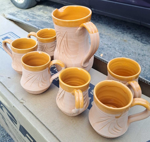 Vintage European Handmade Terracotta Wine Set – 6 Cups & Jug