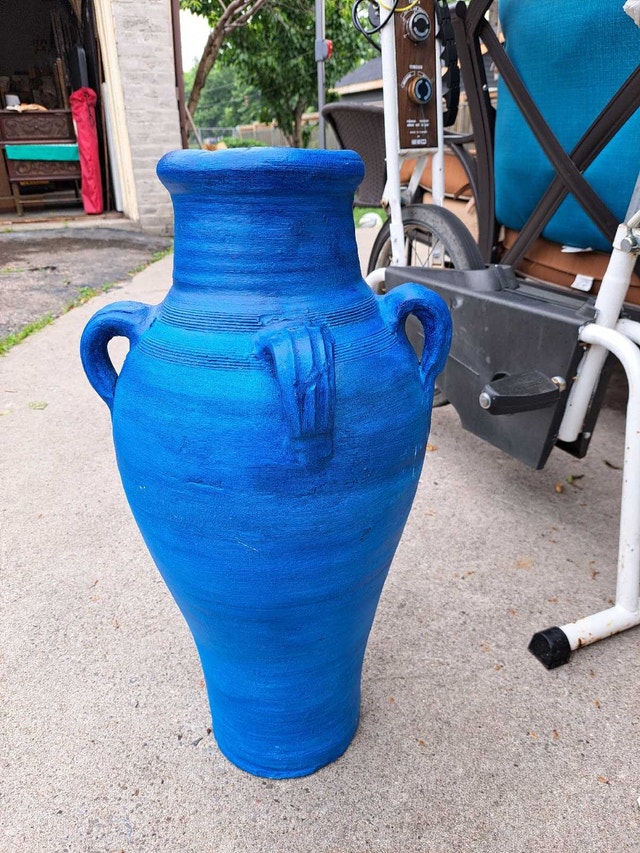 Vintage Terracotta Clay Blue Painted Vase 23 inches Tall