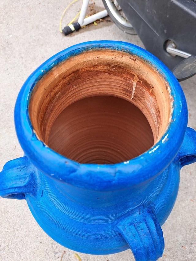 Vintage Terracotta Clay Blue Painted Vase 23 inches Tall - photo 2