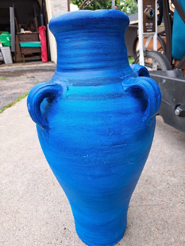 Vintage Terracotta Clay Blue Painted Vase 23 inches Tall - photo 3