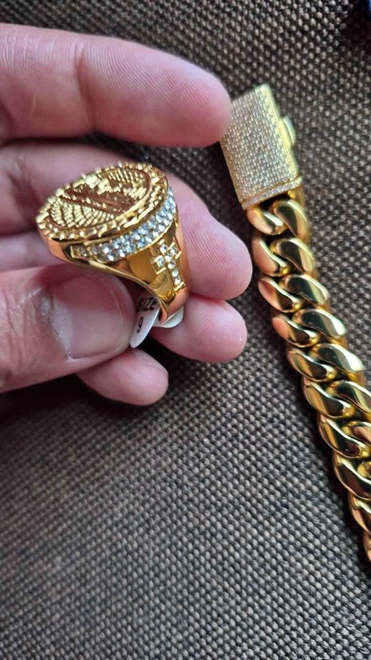 316L Stainless Steel Gold Cuban Link Bracelet & Last Supper Ring