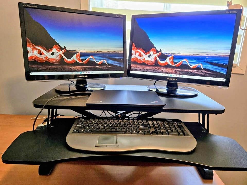 WFH setup - Standing workstation, Samsung monitors etc