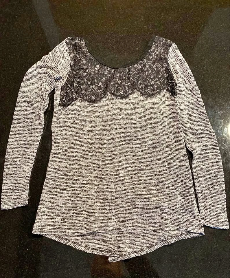 Gray and White Sweater with Lace and Bow on Back