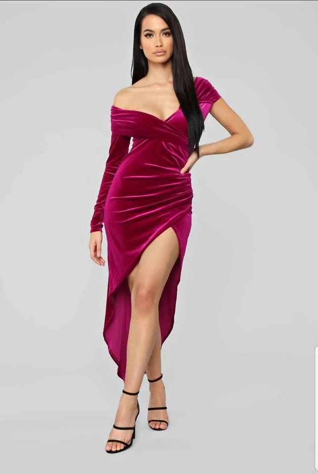 Fashion Nova Magenta Velvet Off Shoulder High Slit Dress