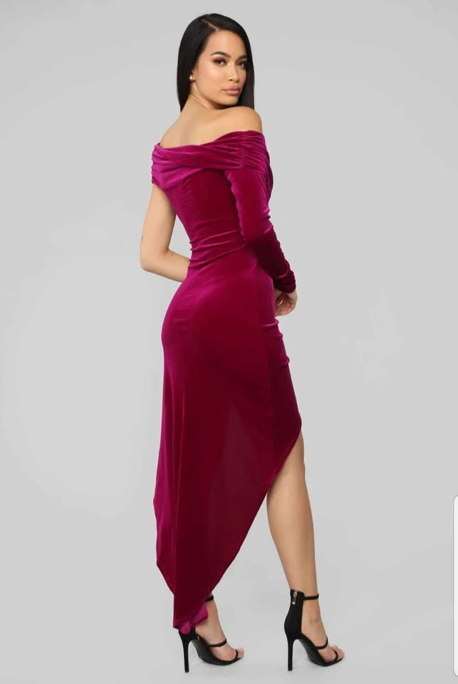 Fashion Nova Magenta Velvet Off Shoulder High Slit Dress - photo 4