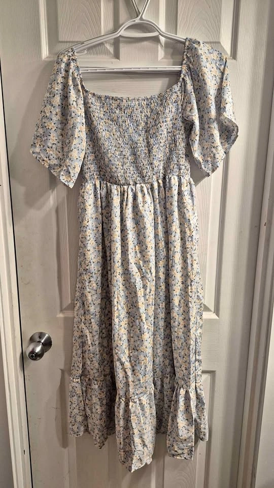 Light Blue Floral Smocked Maternity Dress with Puff Sleeves