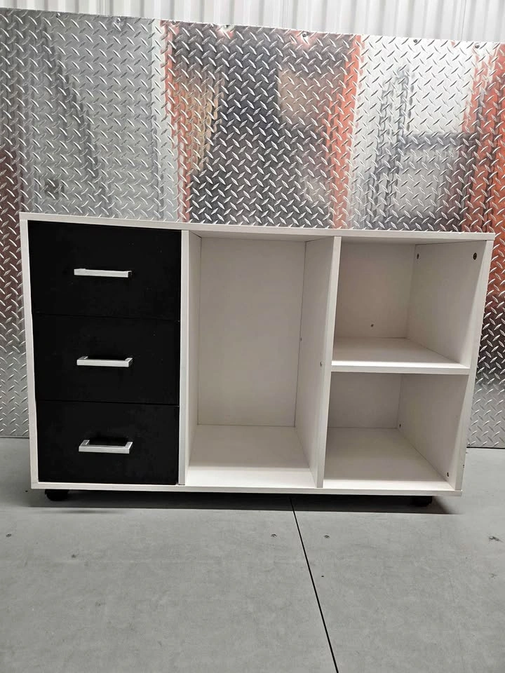 Modern Mobile Storage Cabinet – 3 Drawers & Open Shelving