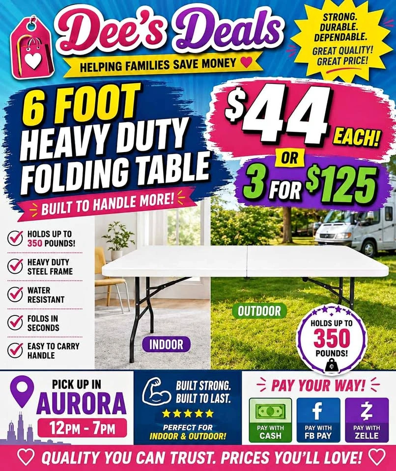 6 foot folding tables BRAND NEW IN BOX ONLY $44 or 3 for $125