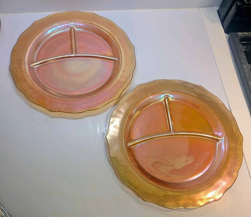 2 Federal Glass Marigold Carnival Divided Plates, Normandie