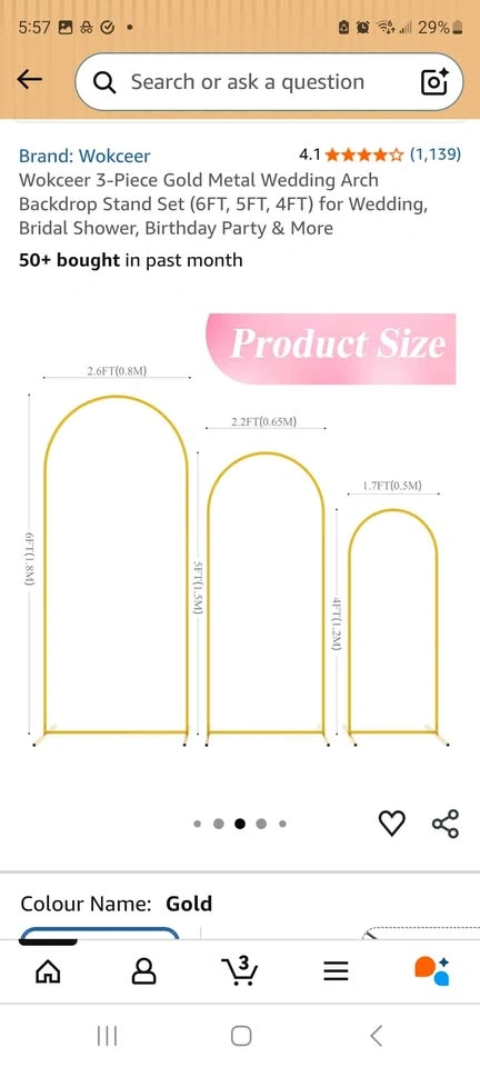 3-Piece Gold Metal Arch Backdrop Stand Set (6FT, 5FT, 4FT) - photo 3
