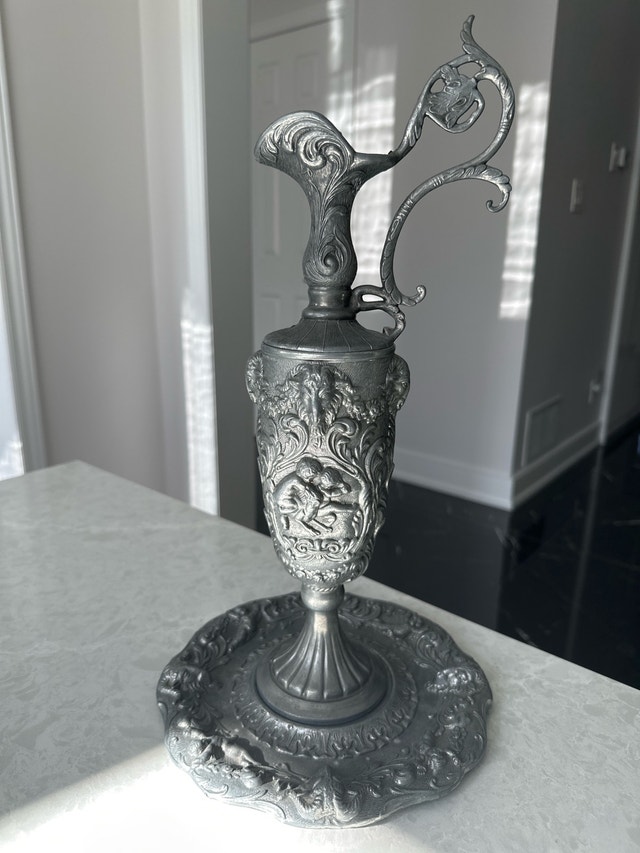 Vintage Italian Peltrato 90% Pewter Ewer and Underplate - photo 2