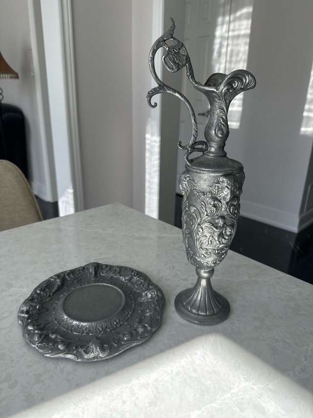 Vintage Italian Peltrato 90% Pewter Ewer and Underplate - photo 5