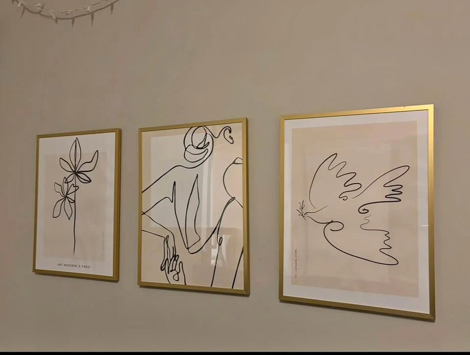 Set of 3 Minimalist Line Art Framed Prints with Gold Frames