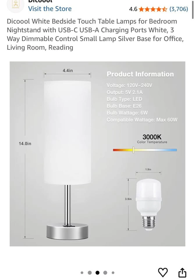 Dicoool Touch Bedside Table Lamp – USB-C & USB-A Charging - photo 3