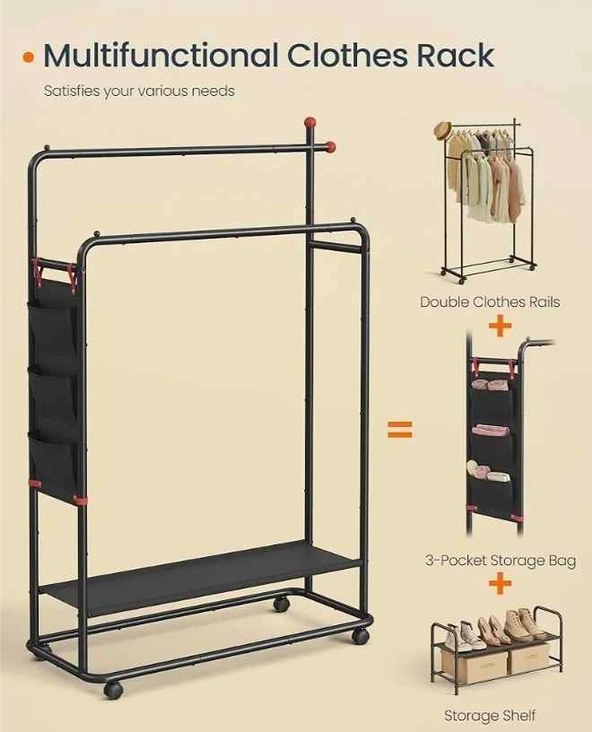 Double-Rod Clothes Rack, Clothing Rack on Wheels - photo 3