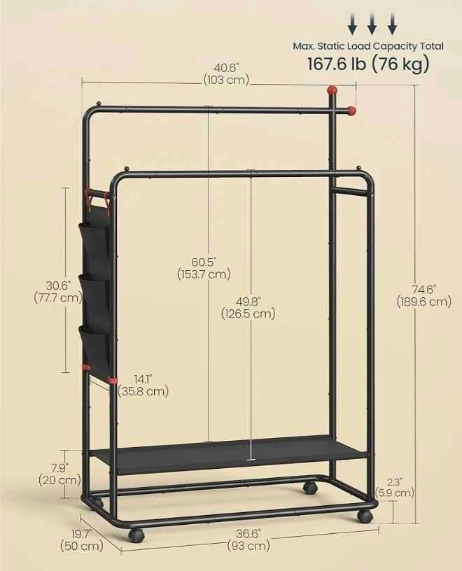 Double-Rod Clothes Rack, Clothing Rack on Wheels - photo 4
