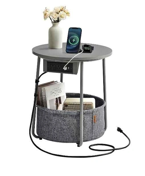 Small Round Side End Table with Charging Station