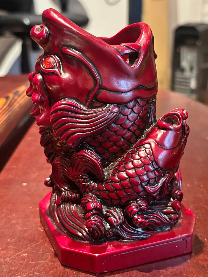 Red Glazed Ceramic Koi Dragon Fish Vase Figurine - Feng Shui