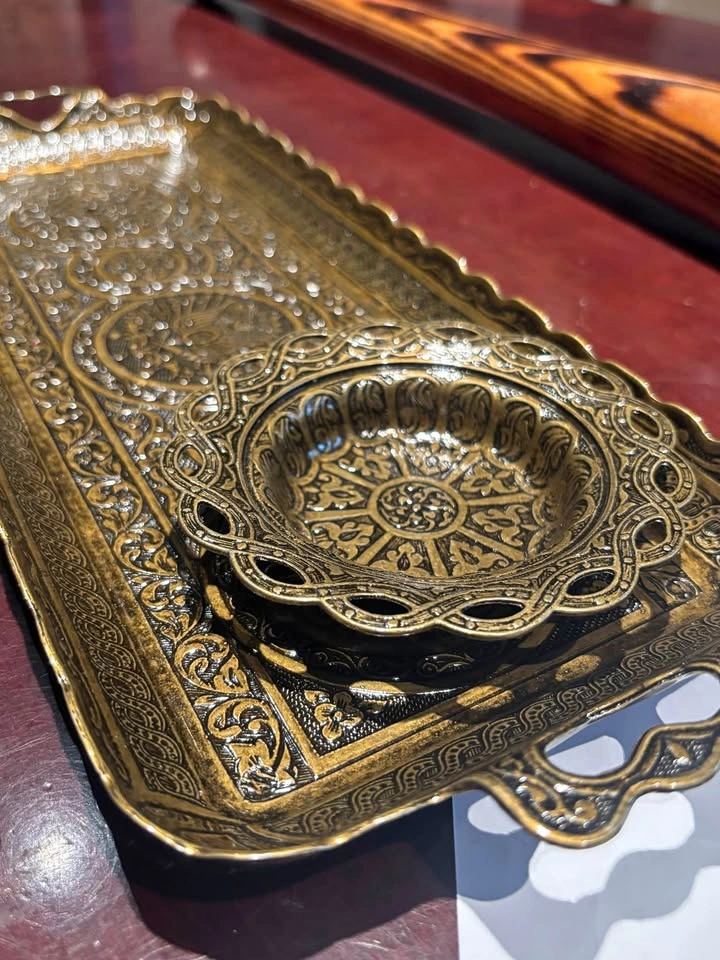 Ornate Turkish Brass Tray with Bowl - A&R Made in Turkey