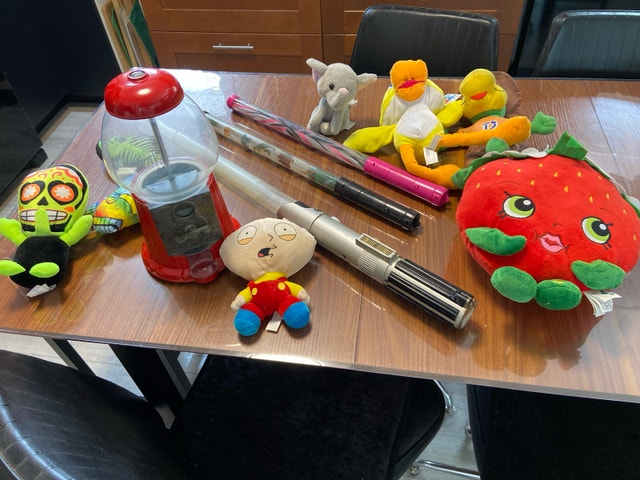 Vintage Gumball Machine, Prop Lightsabers & Plush Toys