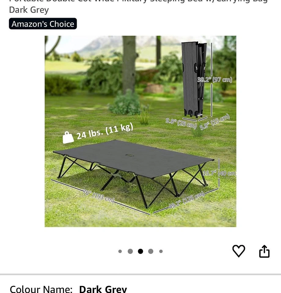Portable Double Cot Bed w/Carrying Bag Dark Grey
