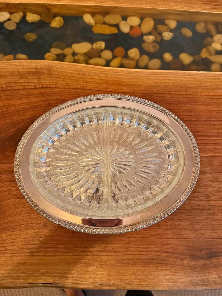 Silver plated crudités platter with glass insert