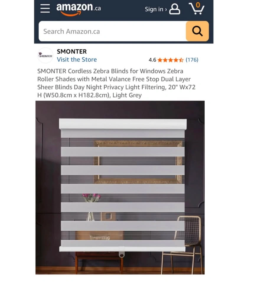 NEW! SMONTER Cordless Zebra Window Blinds 20” x 72” - Grey - photo 2