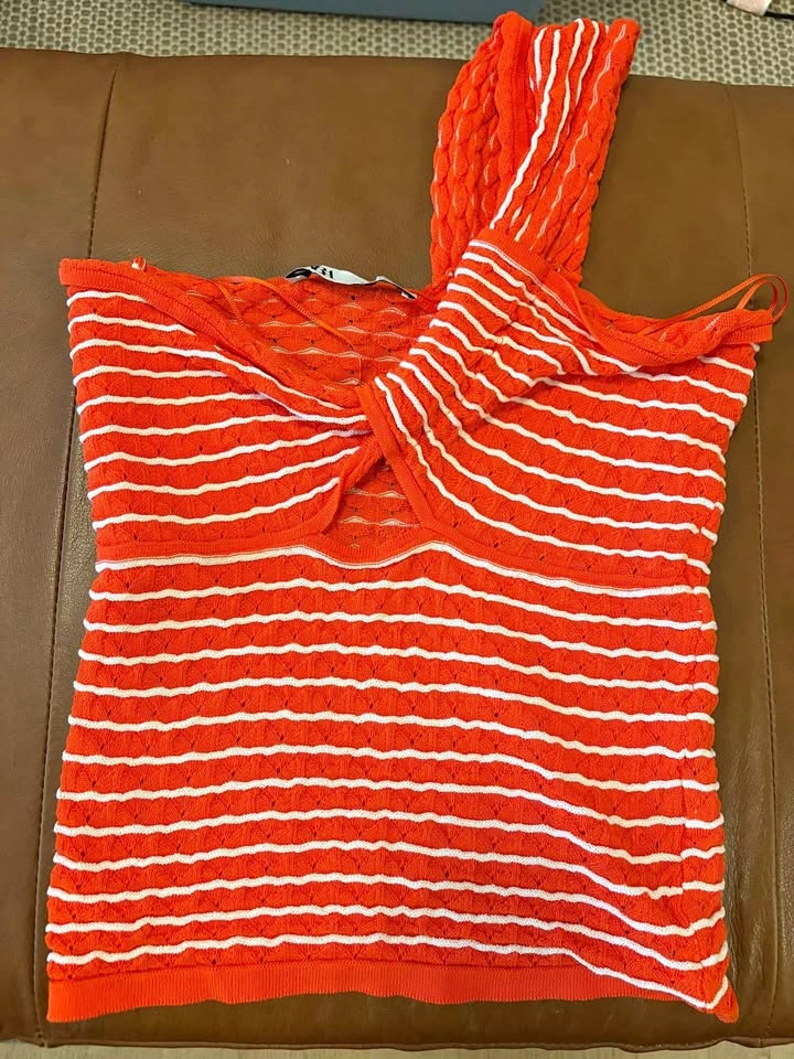 Zara Orange White Striped Knit Twist Bandeau Top (medium)