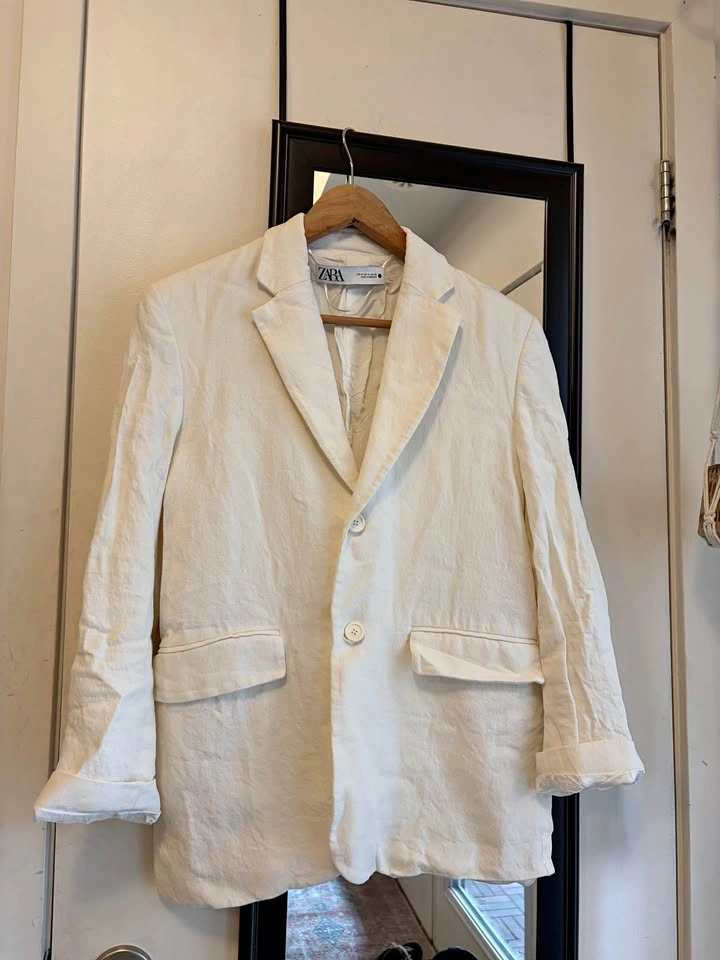 Zara White Linen Blend Blazer - Medium