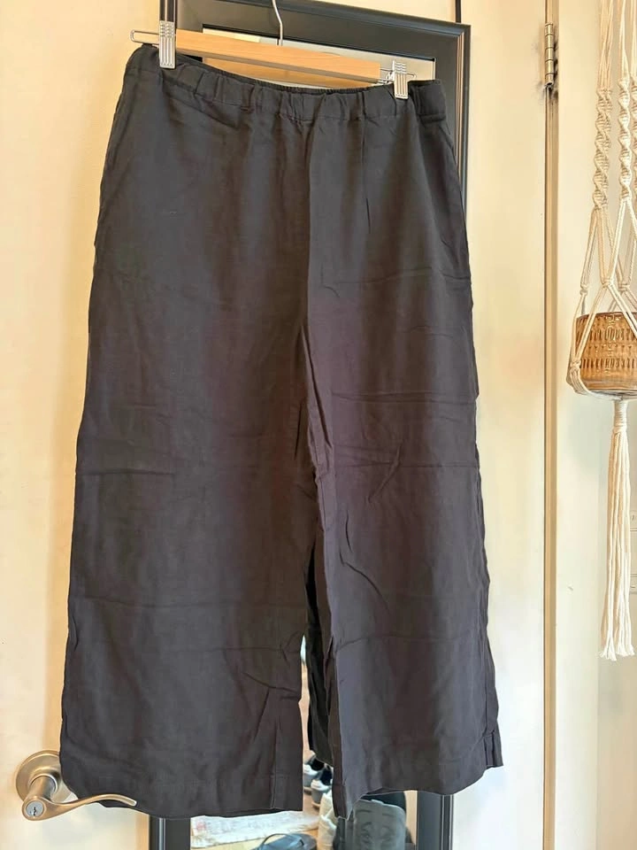 Mango Black Wide Leg Elastic Waist Linen Blend Pants - M