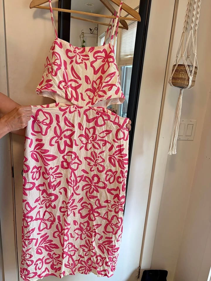 Mango White pink floral cut out dress (Large)