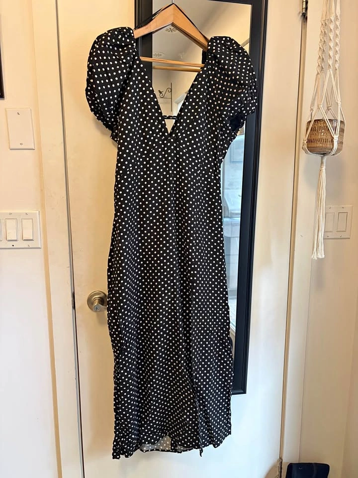 Zara Black Polka Dot Midi Dress Puffed Sleeves (Large)