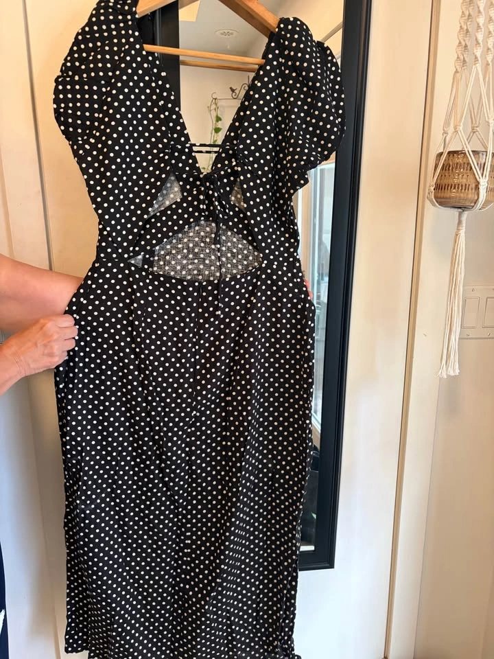 Zara Black Polka Dot Midi Dress Puffed Sleeves (Large) - photo 3