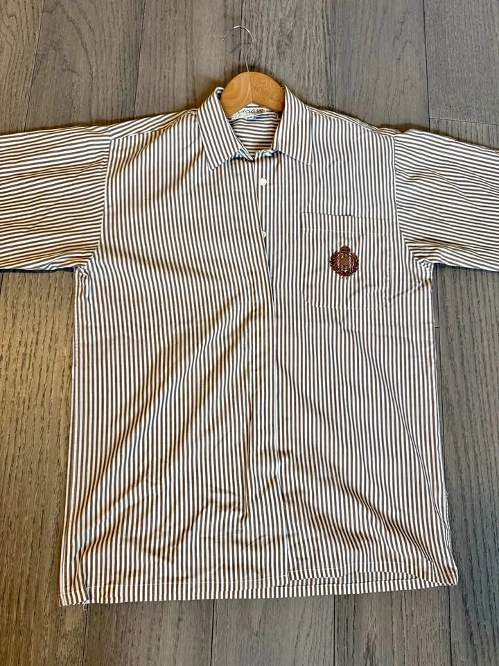 Vintage Brown Striped Crest Button-Up Shirt | Old Money Preppy S