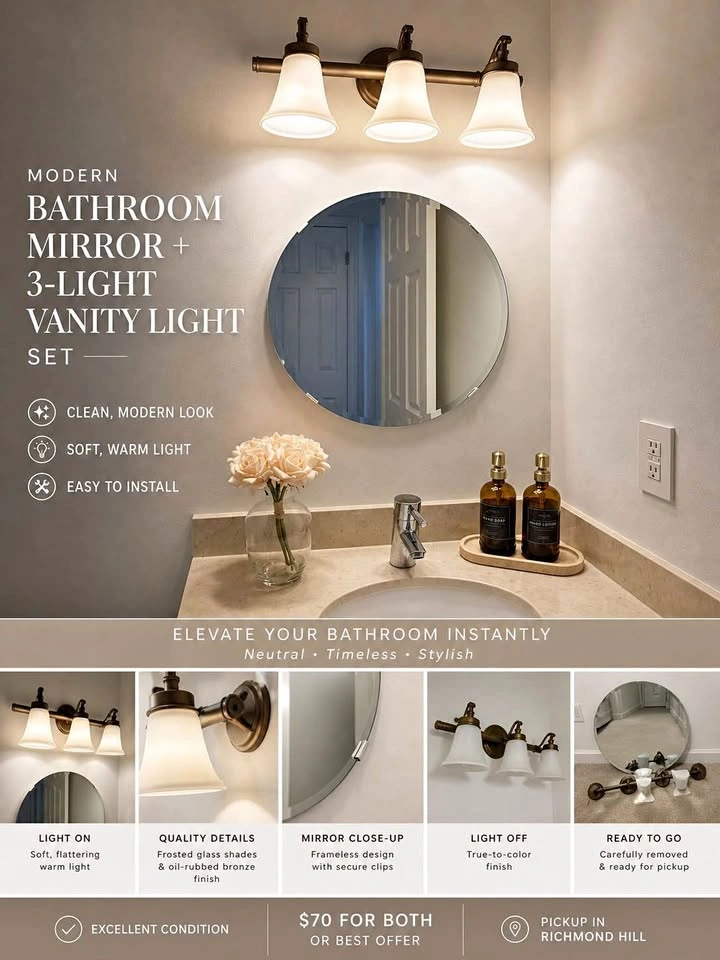 Round Bathroom Mirror + 3-Light Vanity Light (Oil Rubbed Bronze)