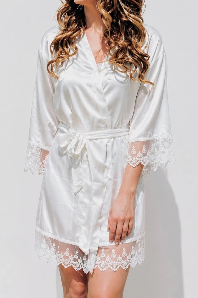 White Satin Bridal Robe with Lace Trim (Bride / Wedding)