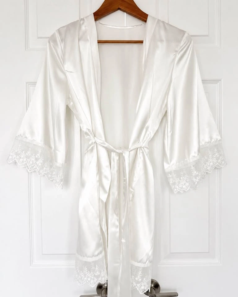 White Satin Bridal Robe with Lace Trim (Bride / Wedding) - photo 2