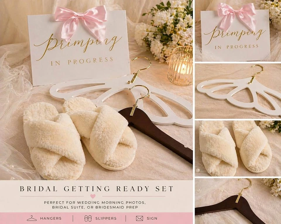 Bridal Getting Ready Set – Hangers, Slippers & “Primping” Sign