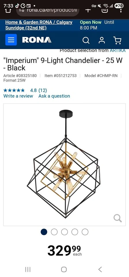Modern 9-Light Black & Gold Chandelier – Like New