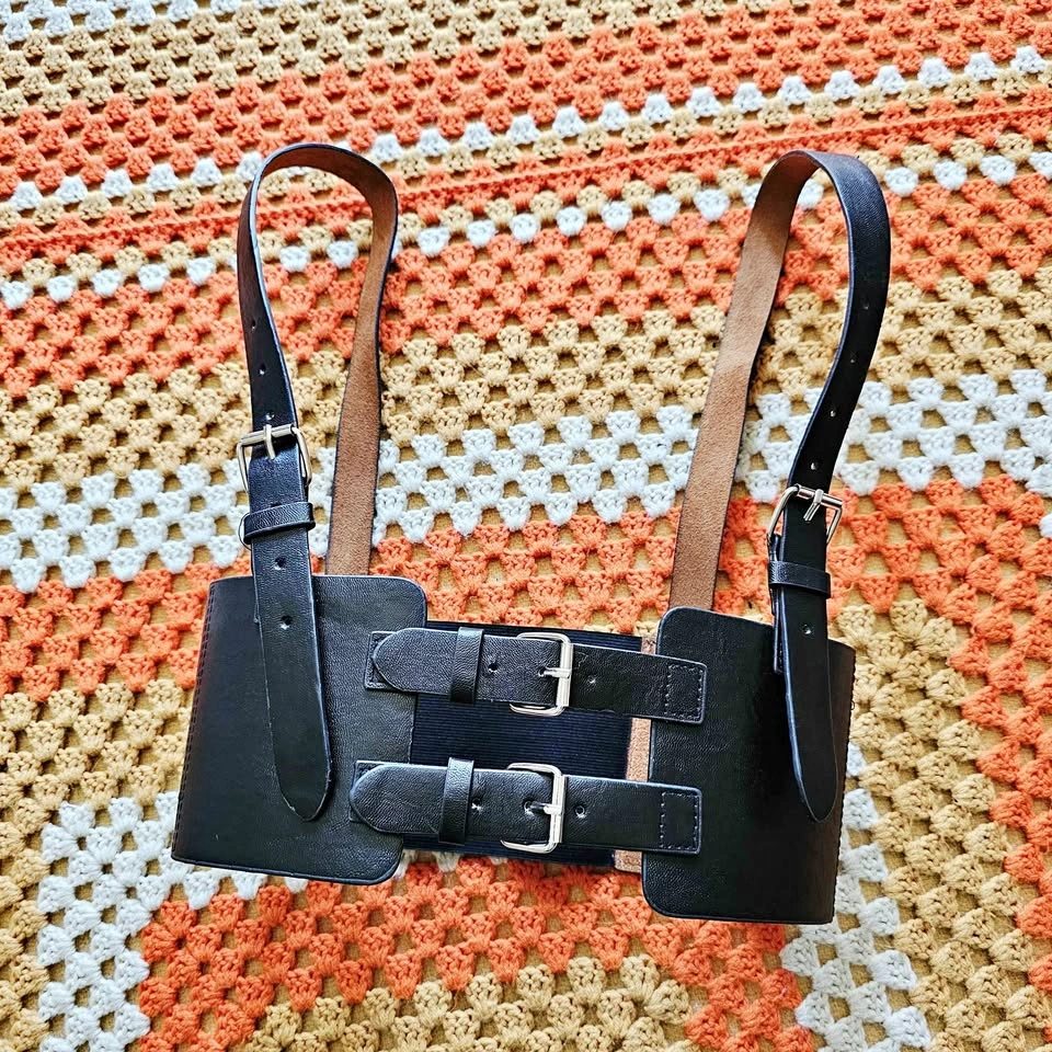 Black Waist Harness Belt Faux Leather Elastic Back Goth Alt Fash