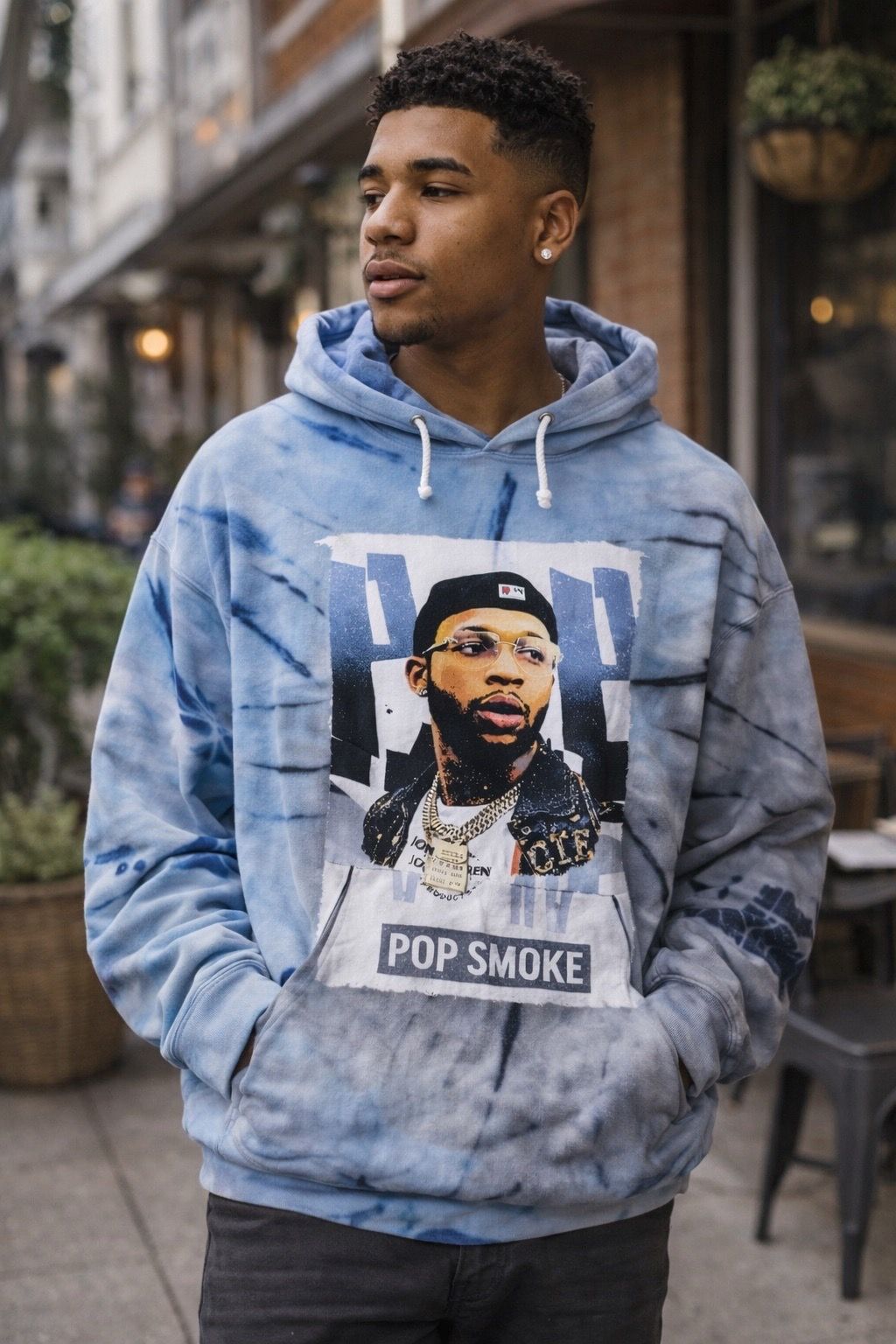 Blue Gray Tie Dye Graphic Hoodie Streetwear Pullover Size Small