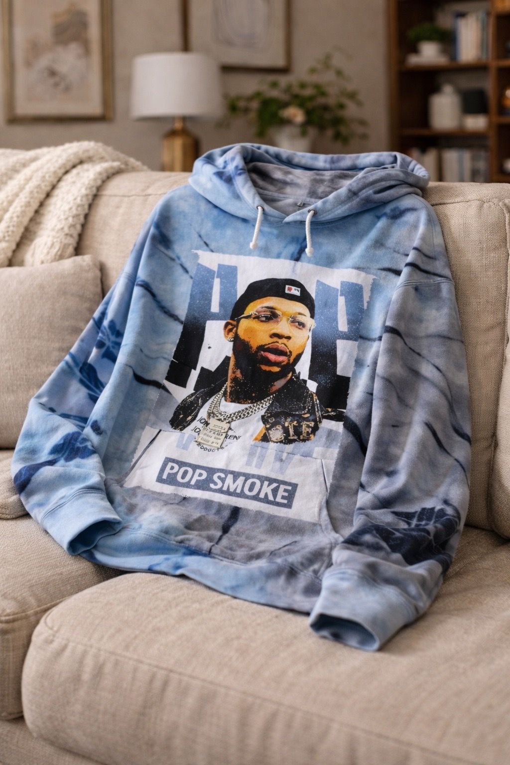 Blue Gray Tie Dye Graphic Hoodie Streetwear Pullover Size Small - photo 2