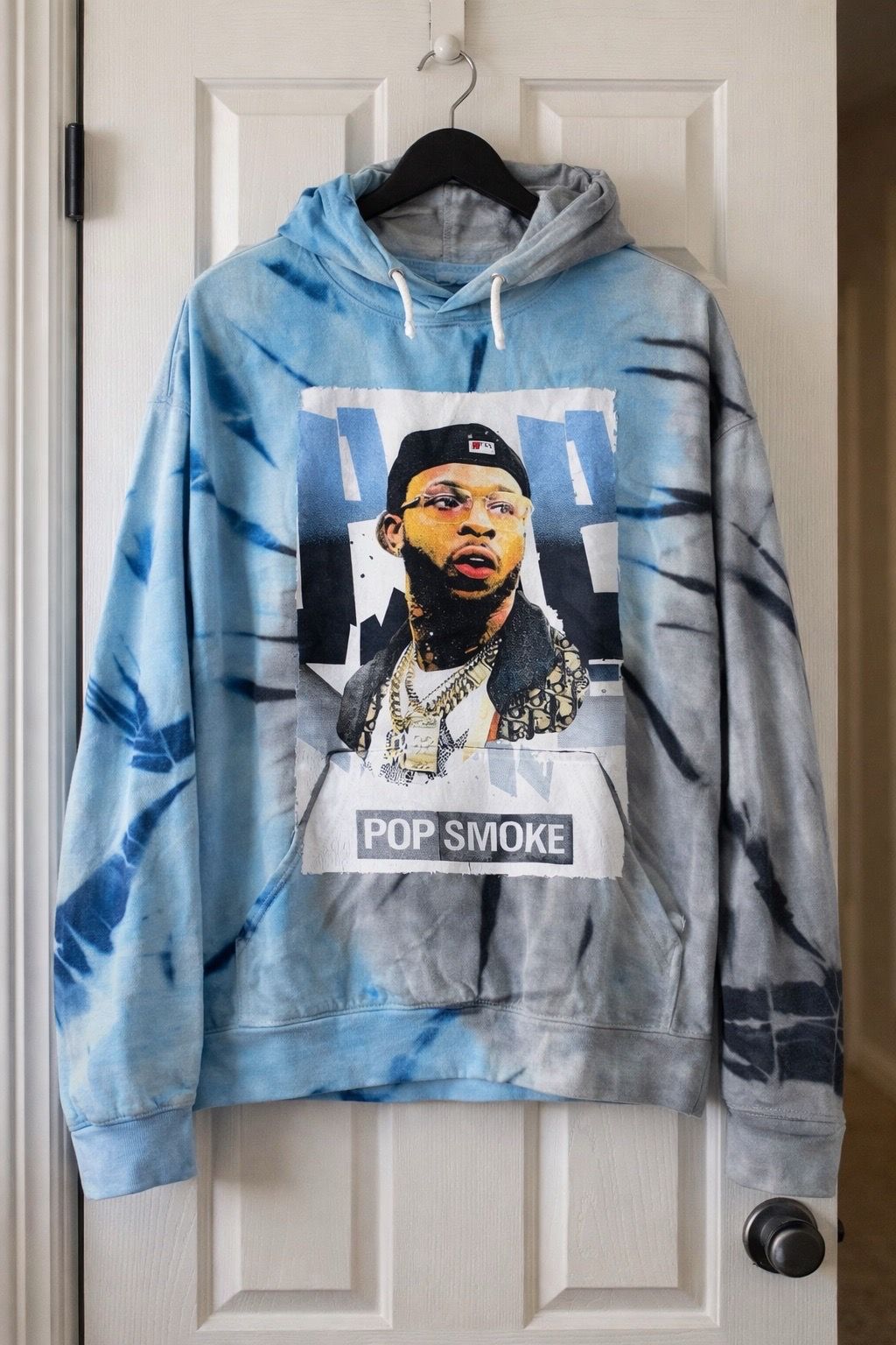 Blue Gray Tie Dye Graphic Hoodie Streetwear Pullover Size Small - photo 4