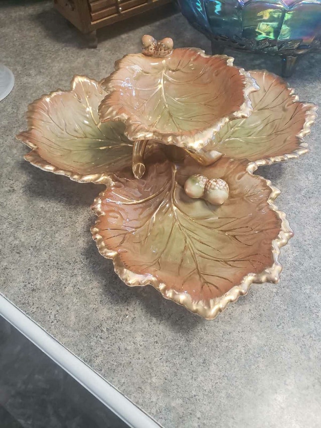 Vintage 2-Tier Ceramic Leaf Serving Dish - Made in Japan