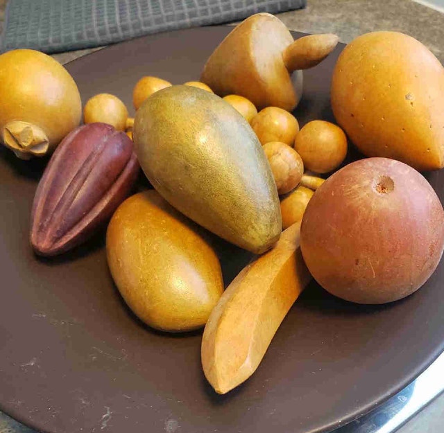 Artisan Stone & Metal Bowl with Hand-Carved Wooden Fruit