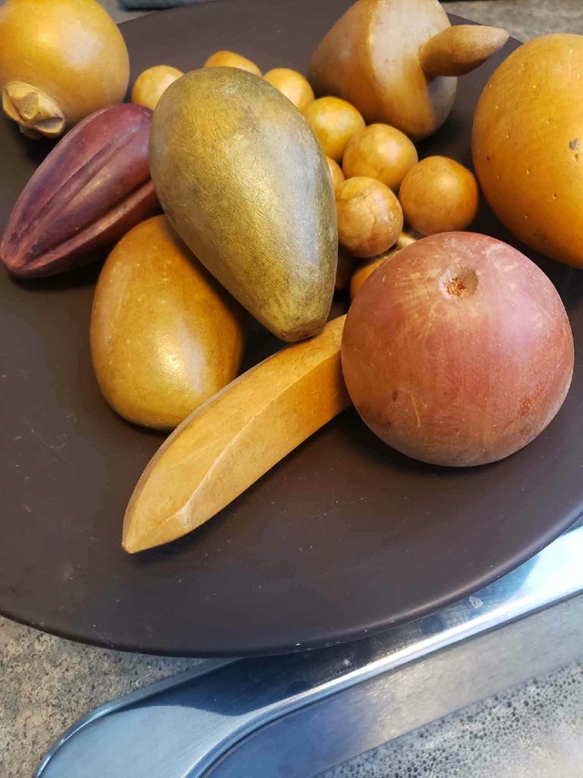Artisan Stone & Metal Bowl with Hand-Carved Wooden Fruit - photo 4