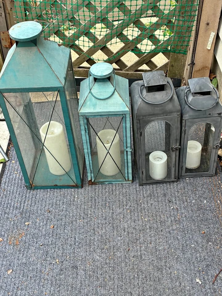 Outdoor cast iron lanterns with battery operated candles