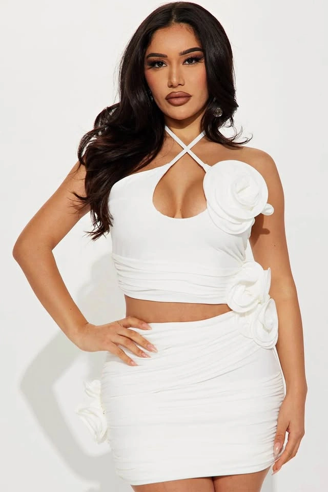 Brand new ruched rosette white mini halter dress